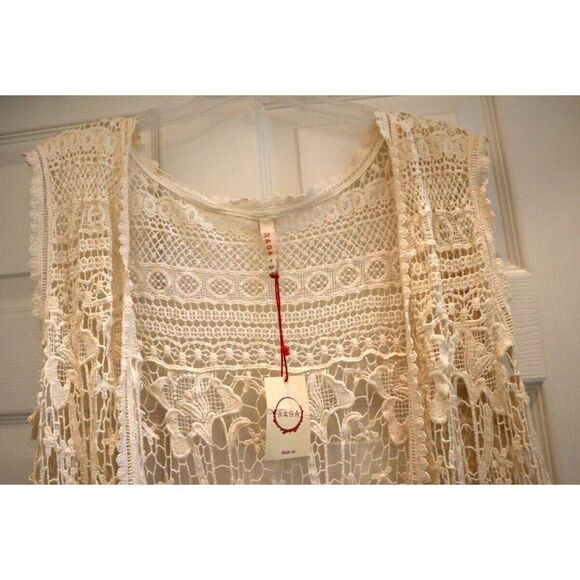 Raga x Anthropologie Women's Sz S Beige Open Front Sleeveless Crochet Cardigan - Picture 3 of 11